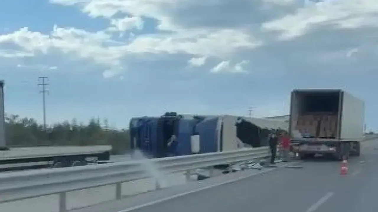 Kontrolden çıkan tır devrildi, yükü yola saçıldı